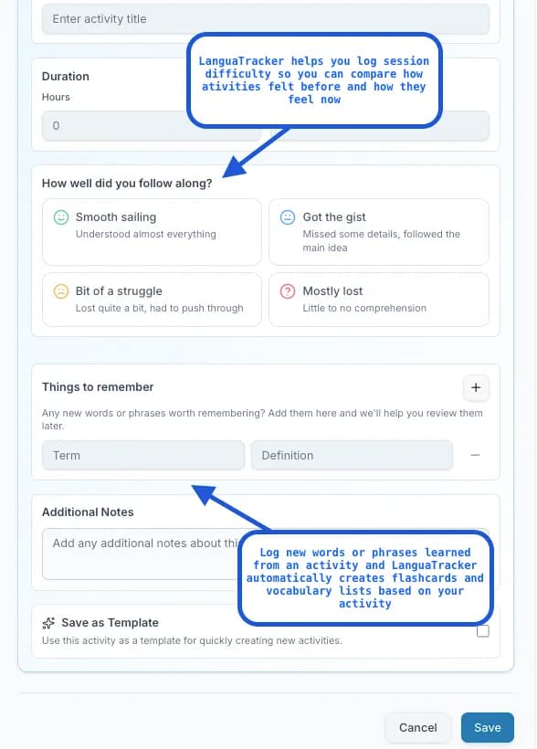 An image of the LanguaTracker track activity page showing the user's progress