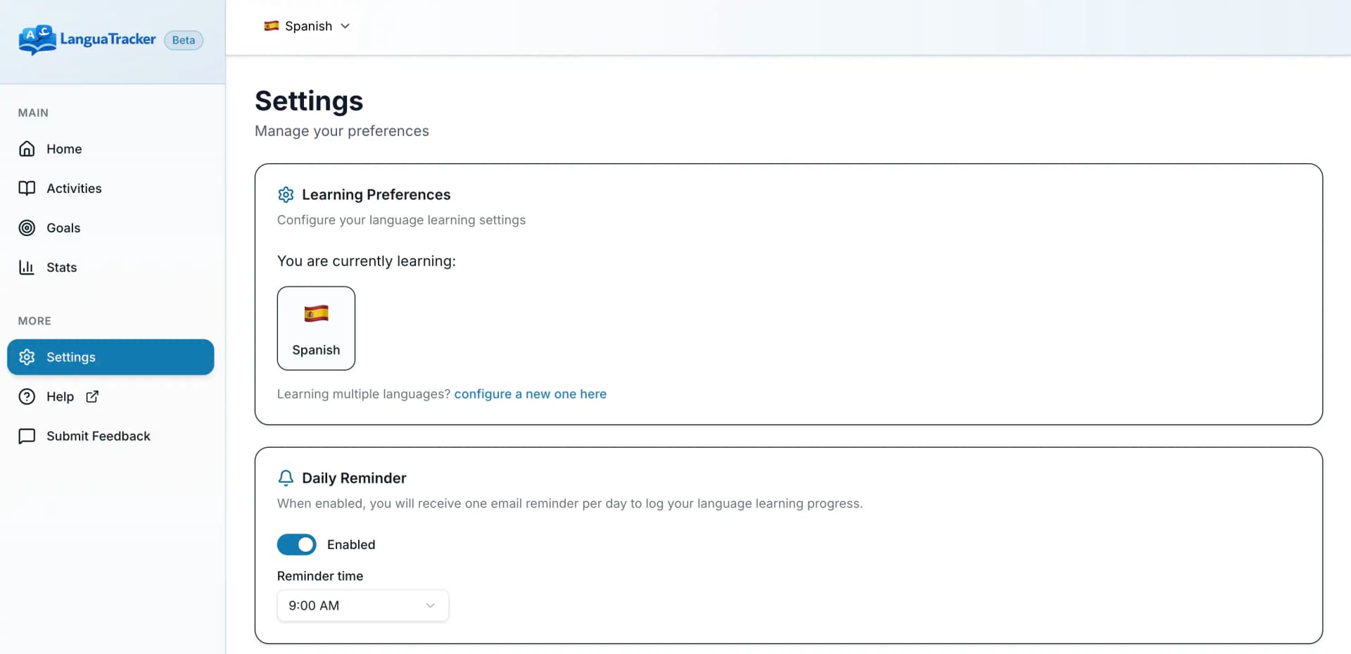 The Daily Reminders settings panel with a time picker and timezone detection