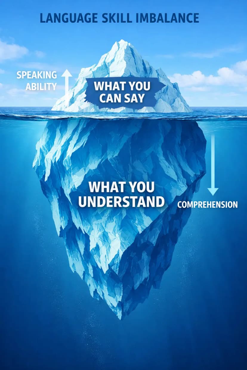 An image of an iceberge demonstrating the imbalance of what you can say vs what you can comprehend
