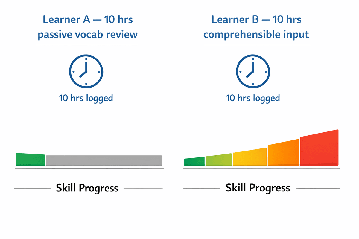 Two-column comparison showing Learner A with 10 hours of passive vocab review and Learner B with 10 hours of comprehensible input, with diverging skill progress bars below