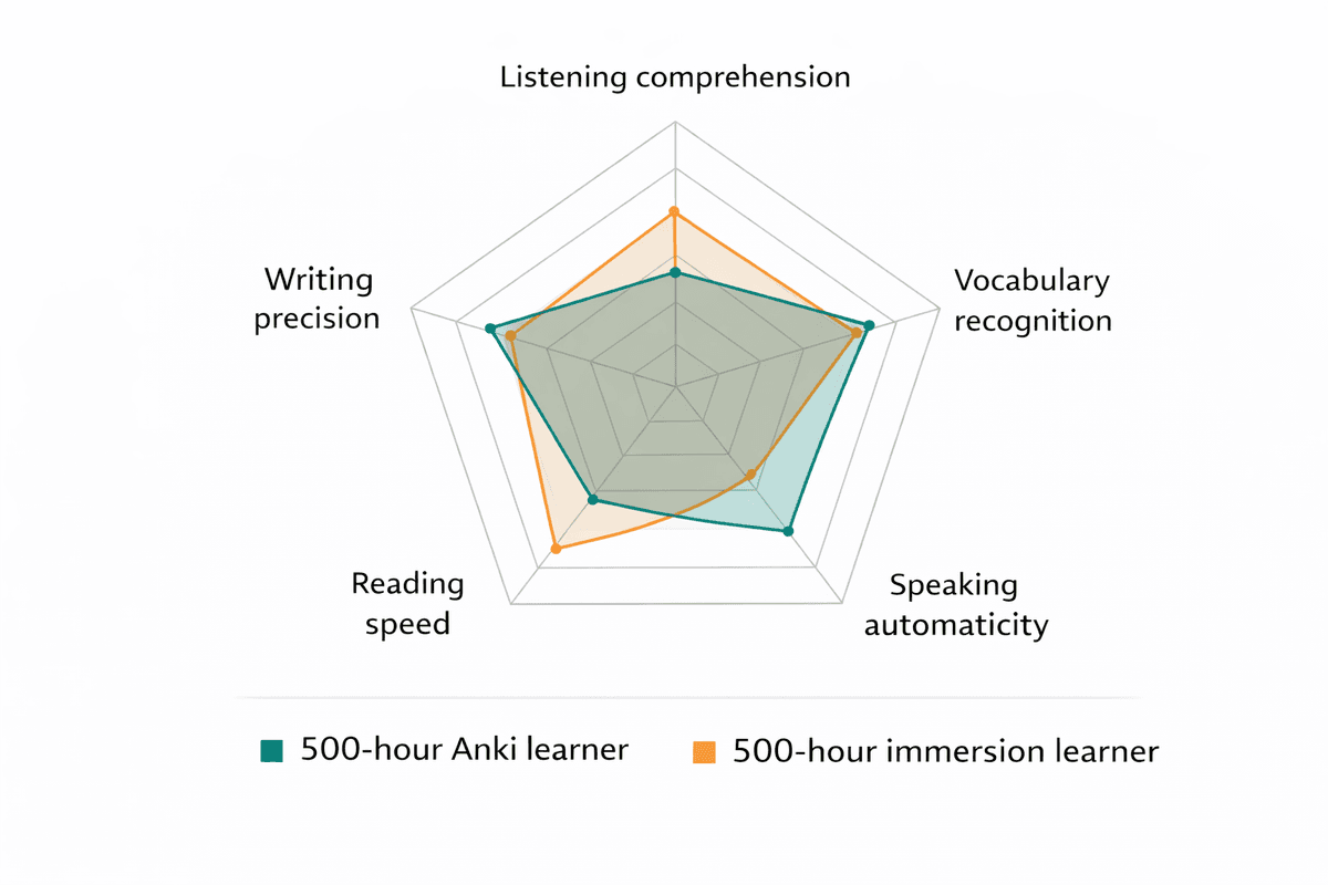 A radar chart showing two overlapping skill profiles: a 500-hour Anki learner versus a 500-hour immersion learner, with meaningfully different shapes across listening comprehension, vocabulary recognition, speaking automaticity, reading speed, and writing precision